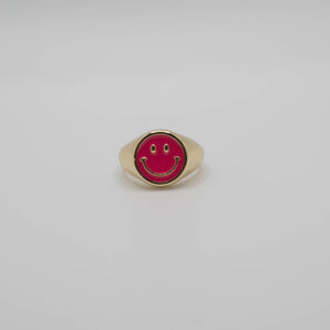Pink Enamel Gold Smiley Ring