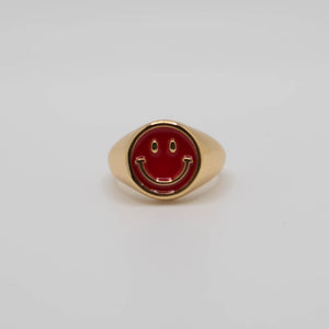 Red Enamel Gold Smiley Ring