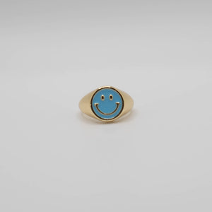 Blue Enamel Gold Smiley Ring