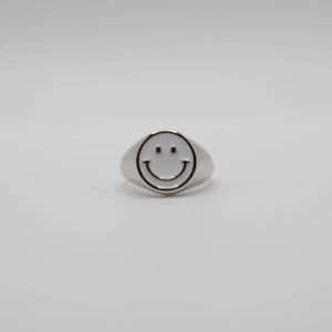 White Enamel Silver Smiley Ring
