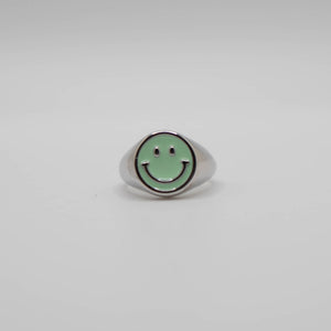 Green Enamel Silver Smiley Ring